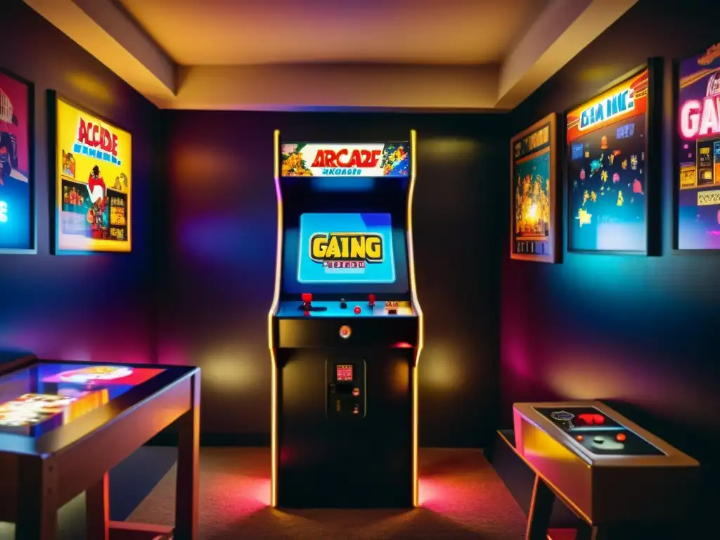 Un grupo diverso de personas disfruta de una partida en un mueble arcade vintage, rodeado de arte retro y decoración nostálgica de videojuegos