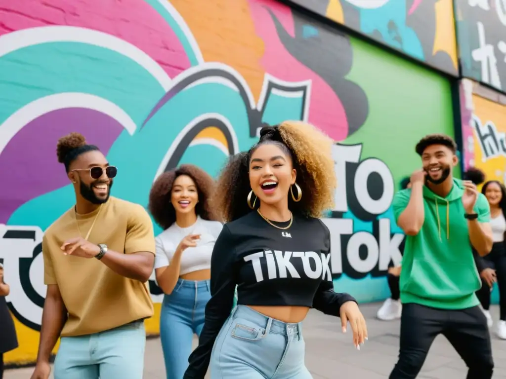 Grupo diverso crea videos TikTok en un entorno urbano vibrante y moderno