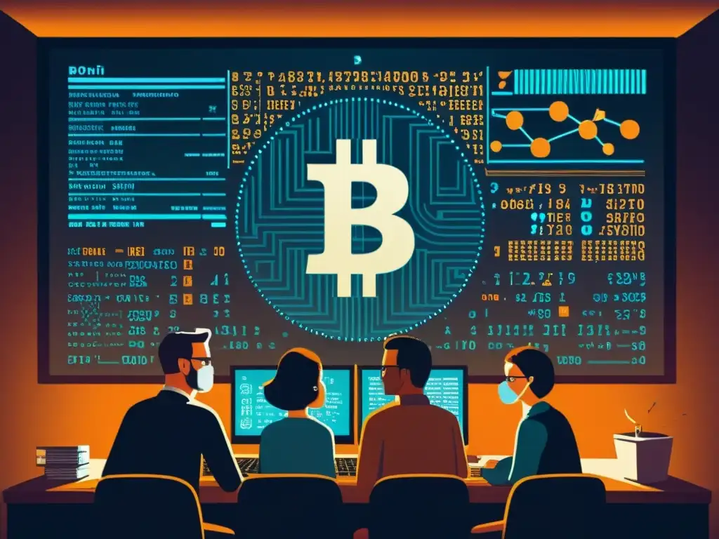 Un grupo emocionado se reúne alrededor de un ordenador vintage, con código en el aire y la interfaz temprana de Bitcoin en la pantalla