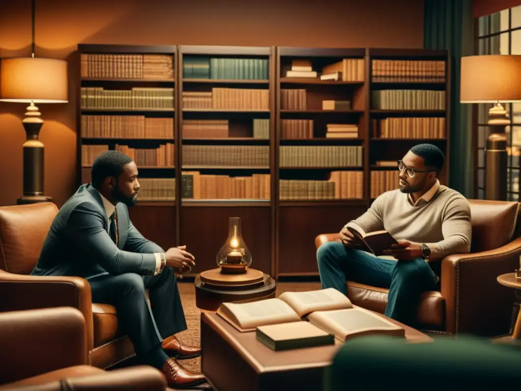 Reunión de emprendedores: Estrategias de inversión en un ambiente vintage Un grupo de emprendedores determinados discuten estrategias de capital riesgo para startups tecnológicas en una acogedora habitación vintage