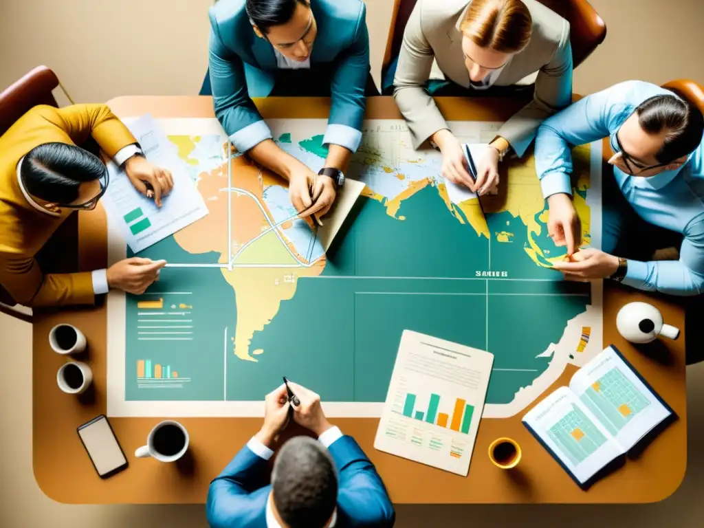 Planificación estratégica para startups tecnológicas Un grupo de emprendedores discuten estrategias de capital riesgo para startups tecnológicas, rodeados de gráficos y mapas