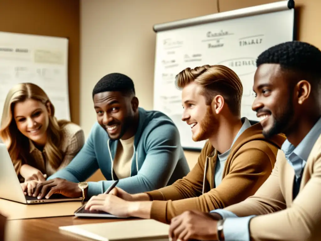 Grupo de emprendedores jóvenes discuten ideas en ambiente vintage, evocando espíritu de startups tecnológicas financiadas