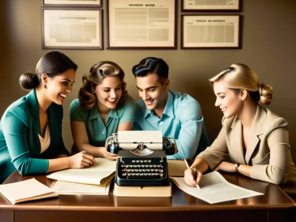 Un grupo de emprendedores se reúne alrededor de una mesa vintage, llena de papeles, una máquina de escribir y un teléfono de disco