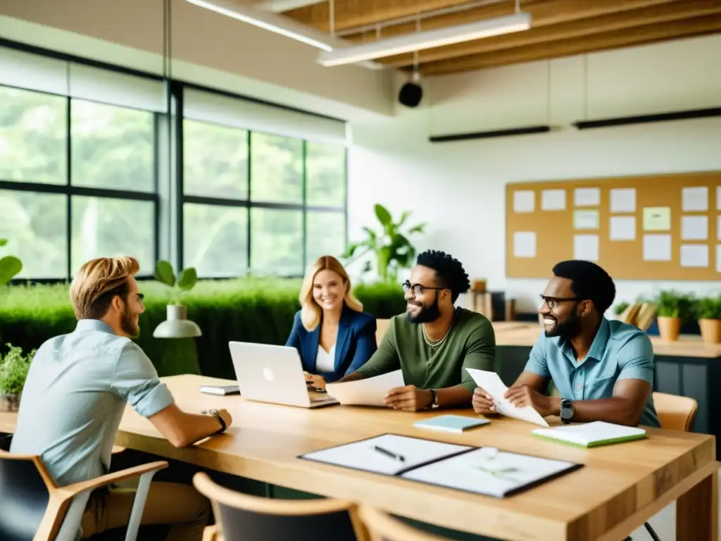 Grupo de emprendedores en oficina eco-amigable, innovando en tecnología verde