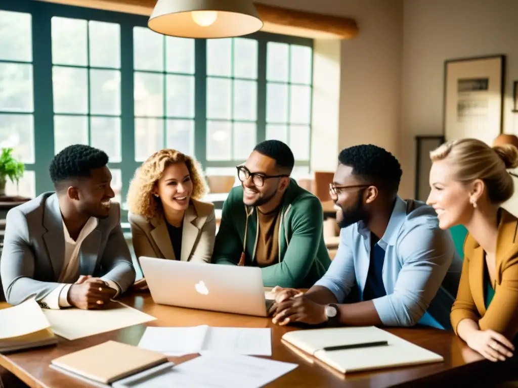 Grupo de emprendedores reunidos alrededor de una mesa, discutiendo planes de negocios e ideas tecnológicas en un ambiente vintage