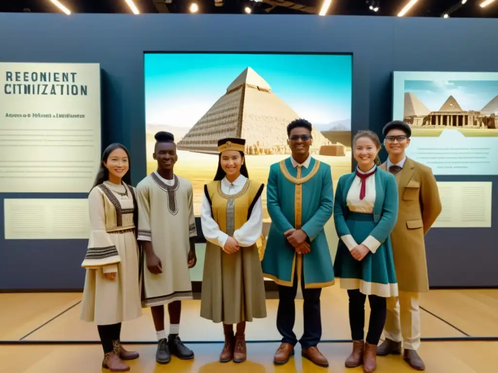 Grupo de estudiantes con ropa vintage frente a una pantalla de realidad aumentada mostrando una civilización antigua