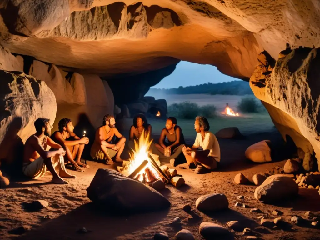 Grupo de humanos prehistóricos reunidos alrededor de una fogata en una cueva, resaltando la importancia del fuego en prehistoria