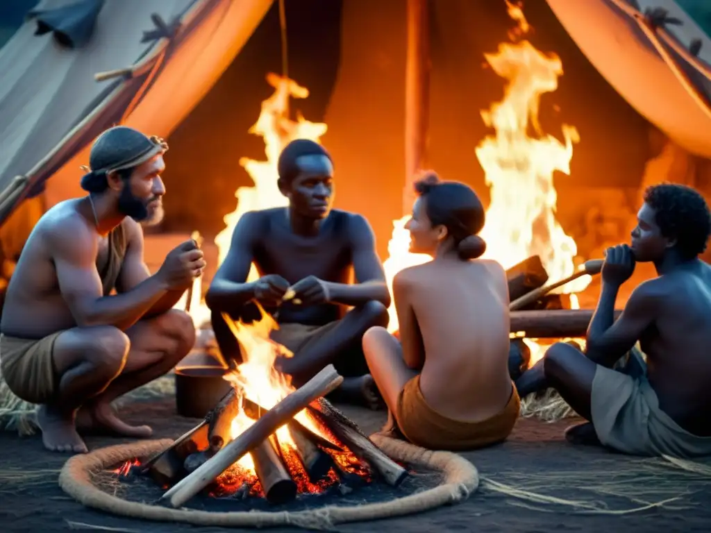 Grupo de humanos prehistóricos reunidos alrededor del fuego, mostrando la importancia del fuego en prehistoria con actividades cotidianas
