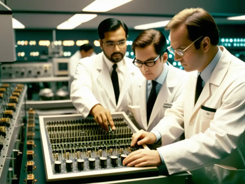 Grupo de ingenieros examina con atención un microprocesador antiguo en un laboratorio tenue