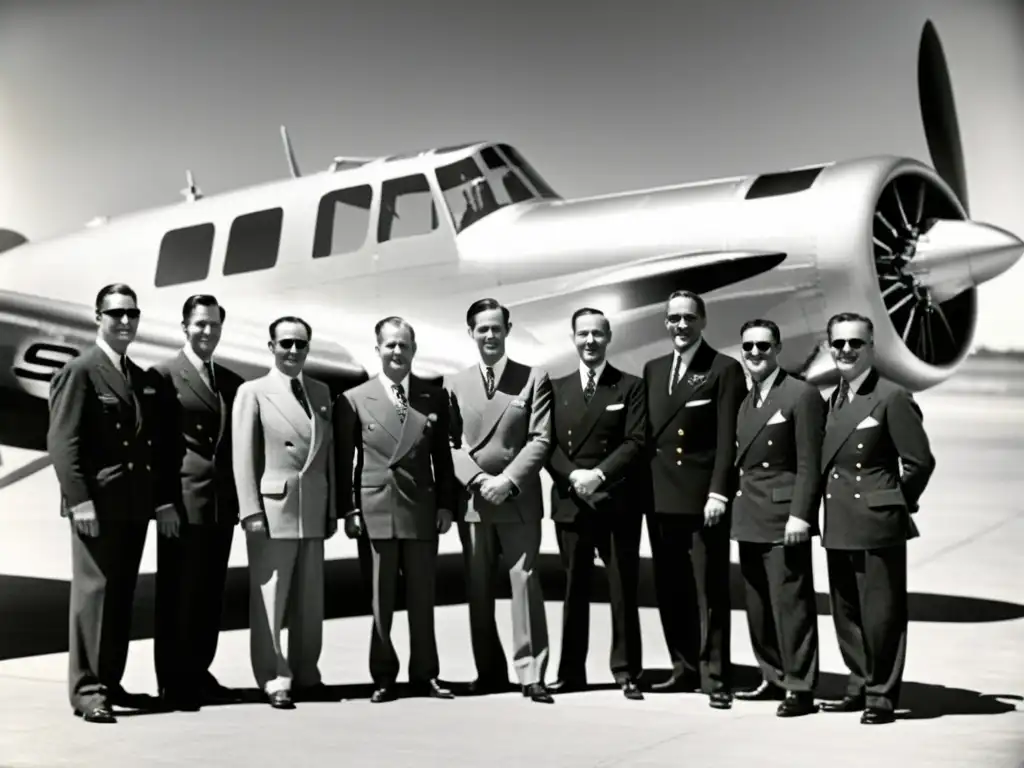 Grupo de ingenieros y aviadores frente a un elegante avión plateado en una pista