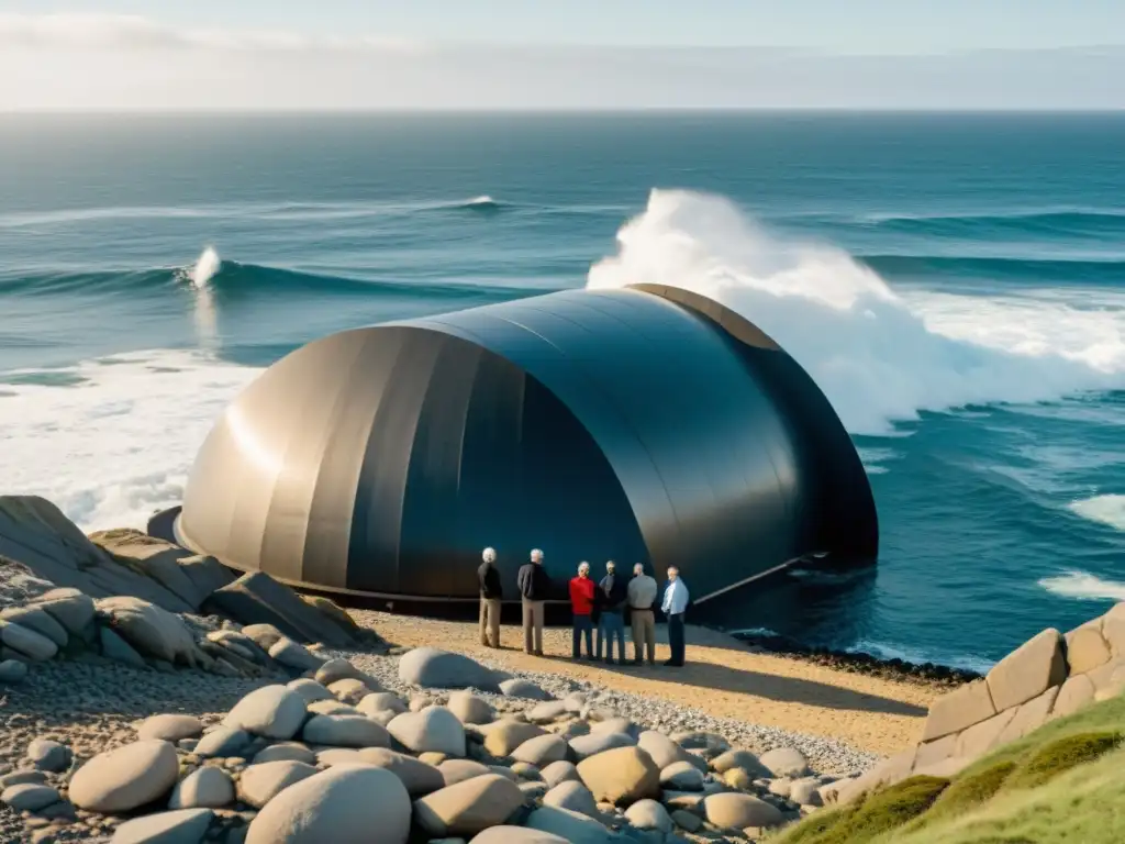 Grupo de ingenieros y científicos debaten sobre el desarrollo histórico energía undimotriz junto a convertidor de energía en el mar