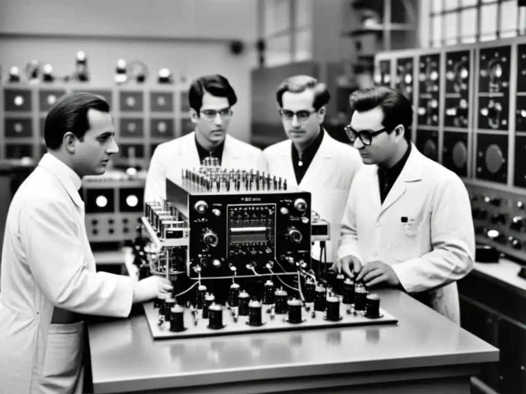 Un grupo de ingenieros y científicos rodea un gran montaje experimental de transistores en un laboratorio, destacando la importancia del transistor en electrónica