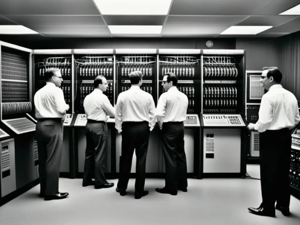 Grupo de ingenieros y científicos en torno a un antiguo mainframe, evocando el origen de la tecnología inteligente en Silicon Valley