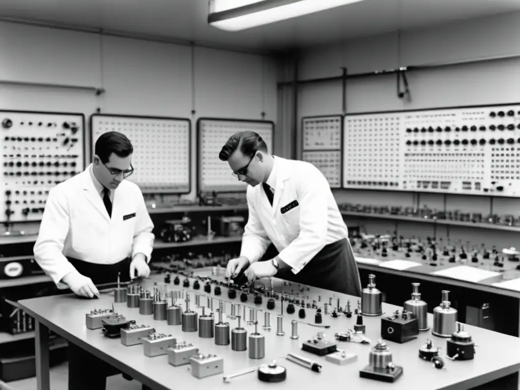 Grupo de ingenieros trabajando en el desarrollo tecnológico de drones impacto en un taller vintage de los años 50