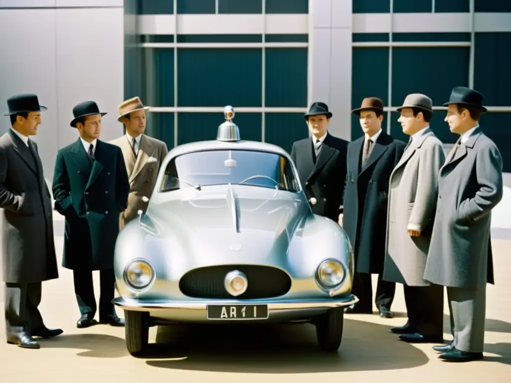 Grupo de ingenieros junto a un prototipo antiguo de coche autónomo, en una ciudad vintage