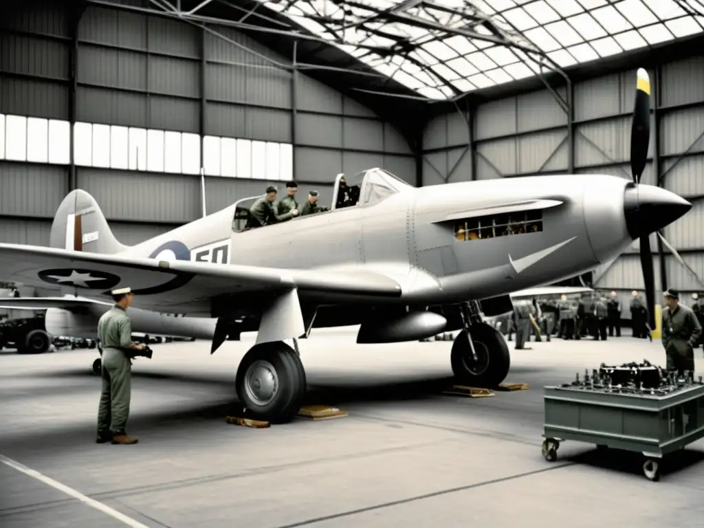 Grupo de ingenieros y mecánicos trabajando en un avión de combate de la Segunda Guerra Mundial en un bullicioso hangar, destacando el desarrollo tecnológico aeronáutico durante la Segunda Guerra Mundial