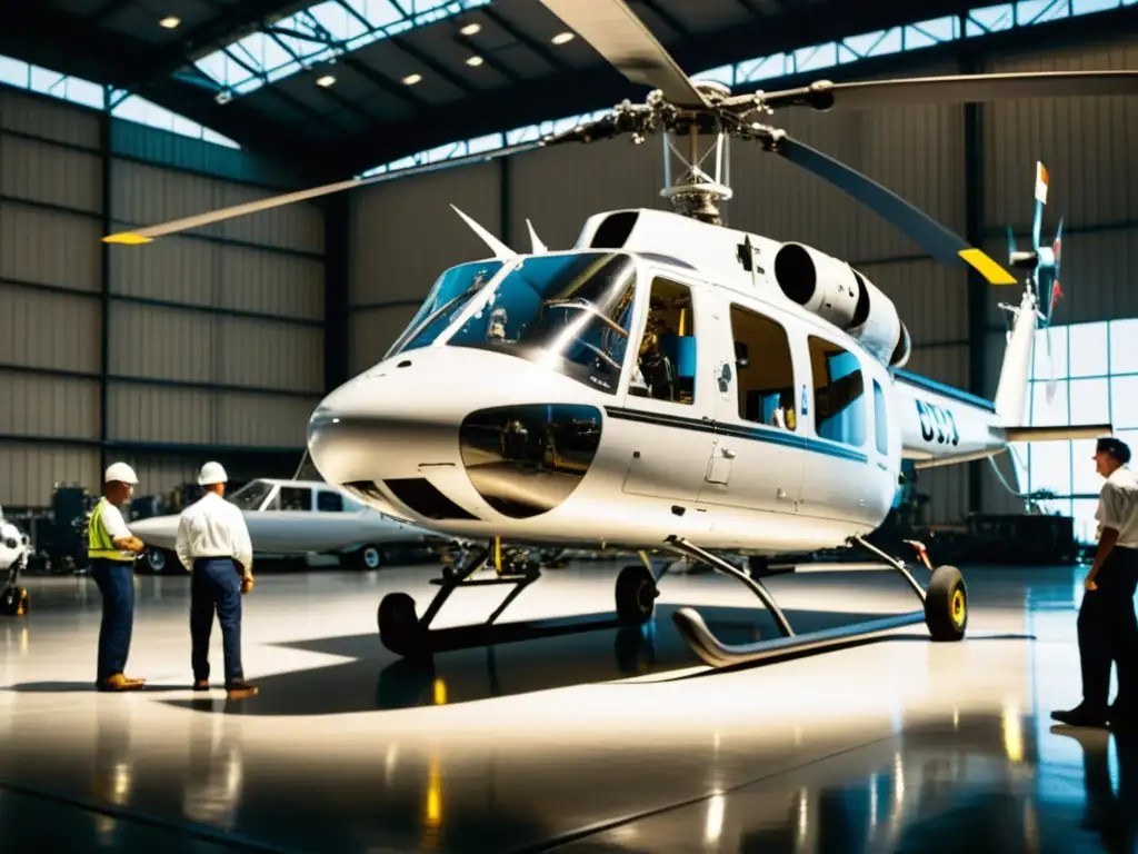 Un grupo de ingenieros y mecánicos trabaja en un hangar, inspeccionando un helicóptero