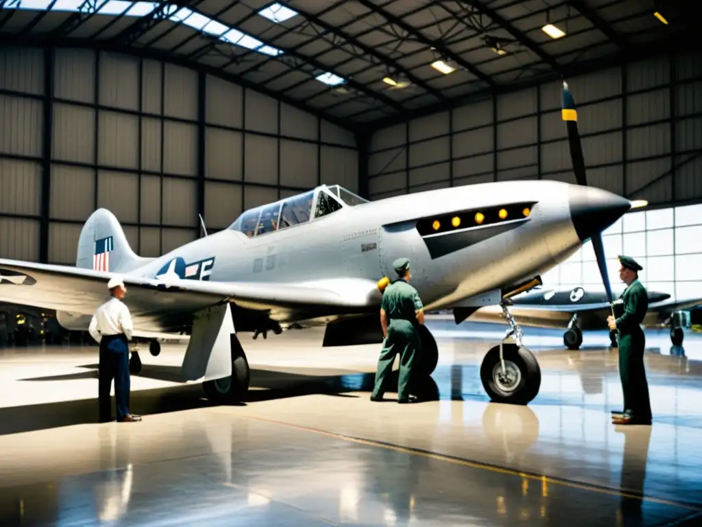 Grupo de ingenieros y pilotos inspeccionan un avión de la Segunda Guerra Mundial en un hangar, reflejando desarrollo tecnológico aeronáutico