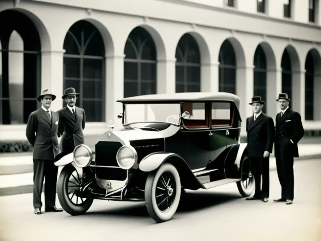 Grupo de ingenieros de principios del siglo XX posando junto a un prototipo futurista de automóvil