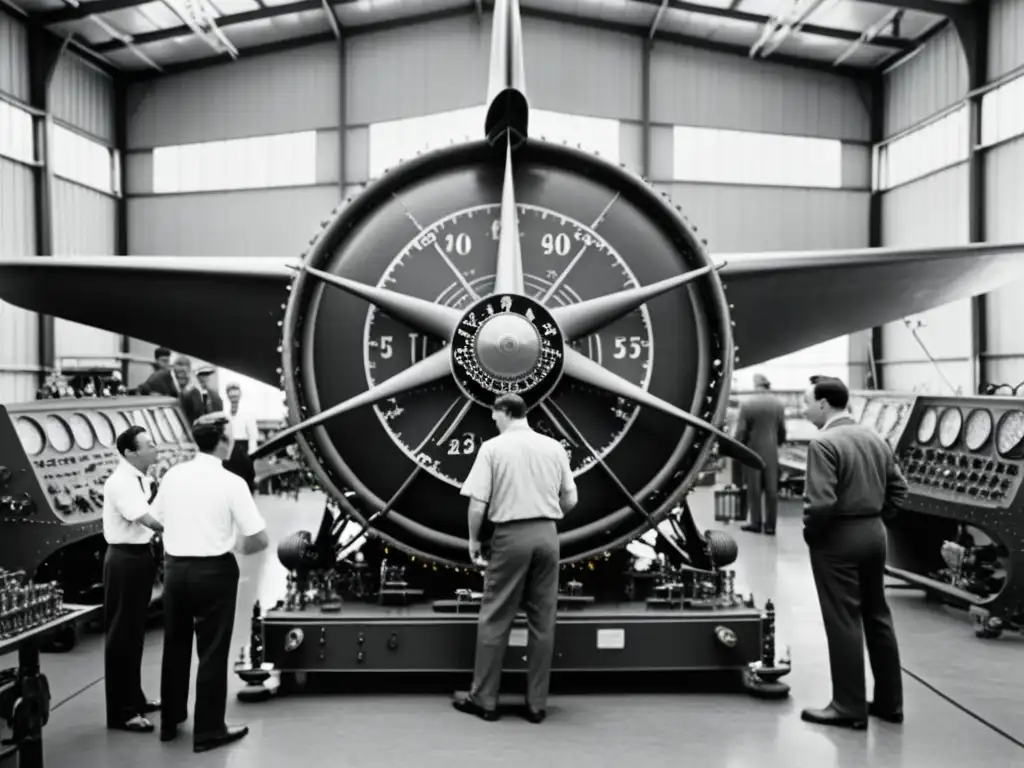 Un grupo de ingenieros y técnicos examinan detenidamente un intrincado instrumento de navegación aérea en un taller de aviación vintage