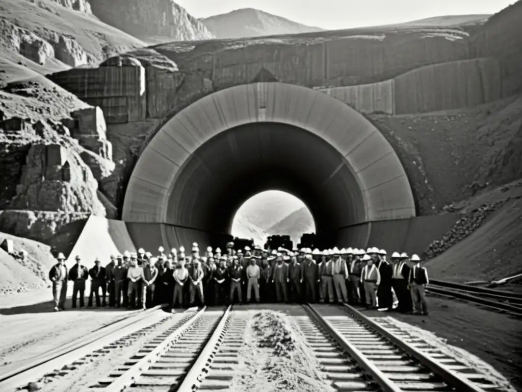 Un grupo de ingenieros y trabajadores de la construcción se preparan para construir un túnel, rodeados de montañas