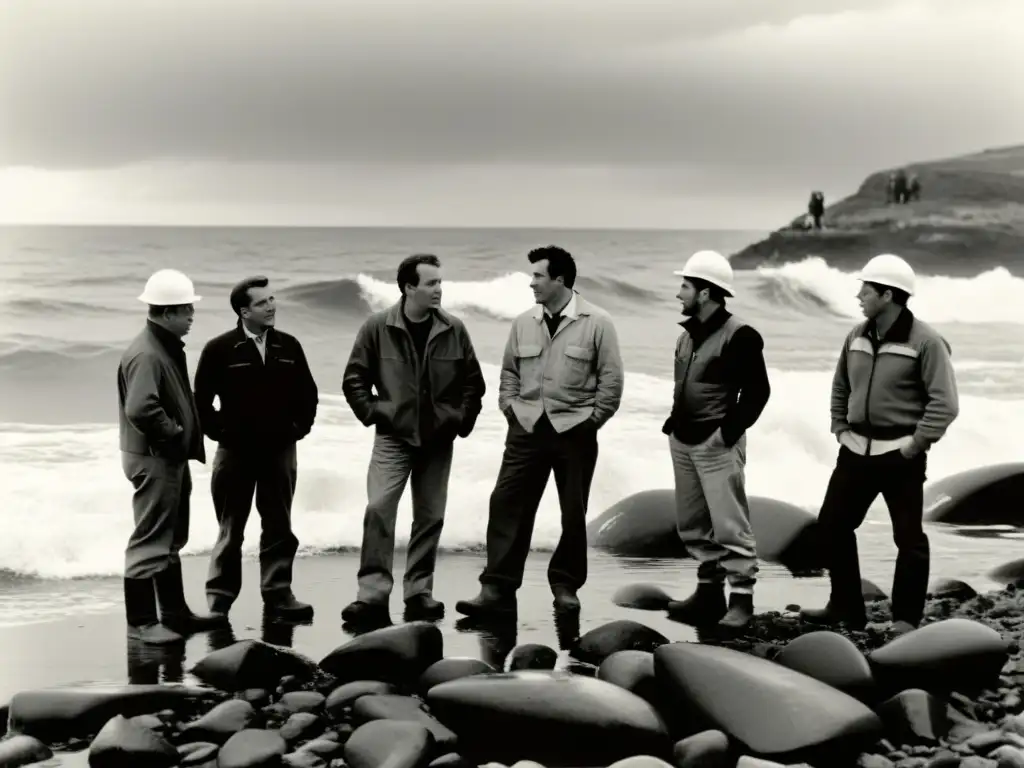 Grupo de ingenieros y trabajadores discutiendo planes para un dispositivo de energía undimotriz en una costa rocosa