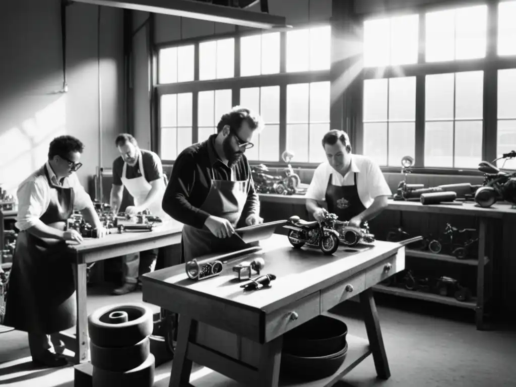 Un grupo de inventores en un taller, ensamblando una motocicleta vintage