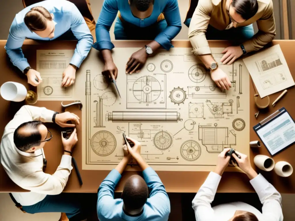 Un grupo de inventores colabora en un taller, rodeados de herramientas y planos