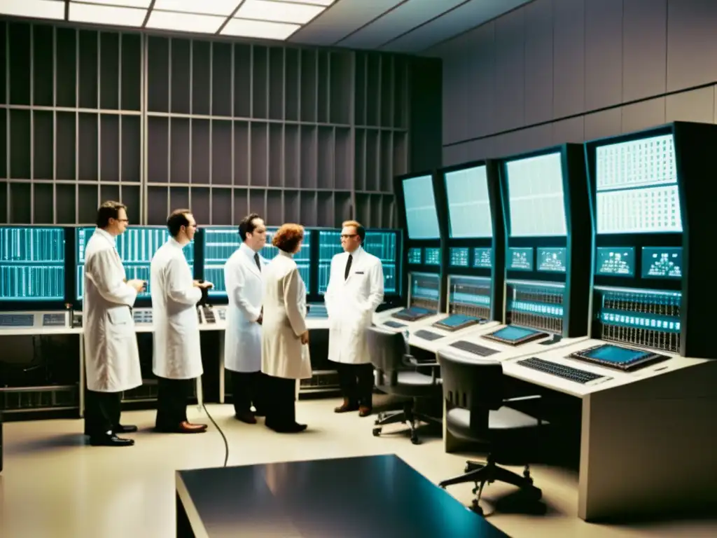 Imagen histórica: Pioneros de la informática en plena innovación Grupo de investigadores y ingenieros reunidos alrededor de una computadora principal en una habitación tenue