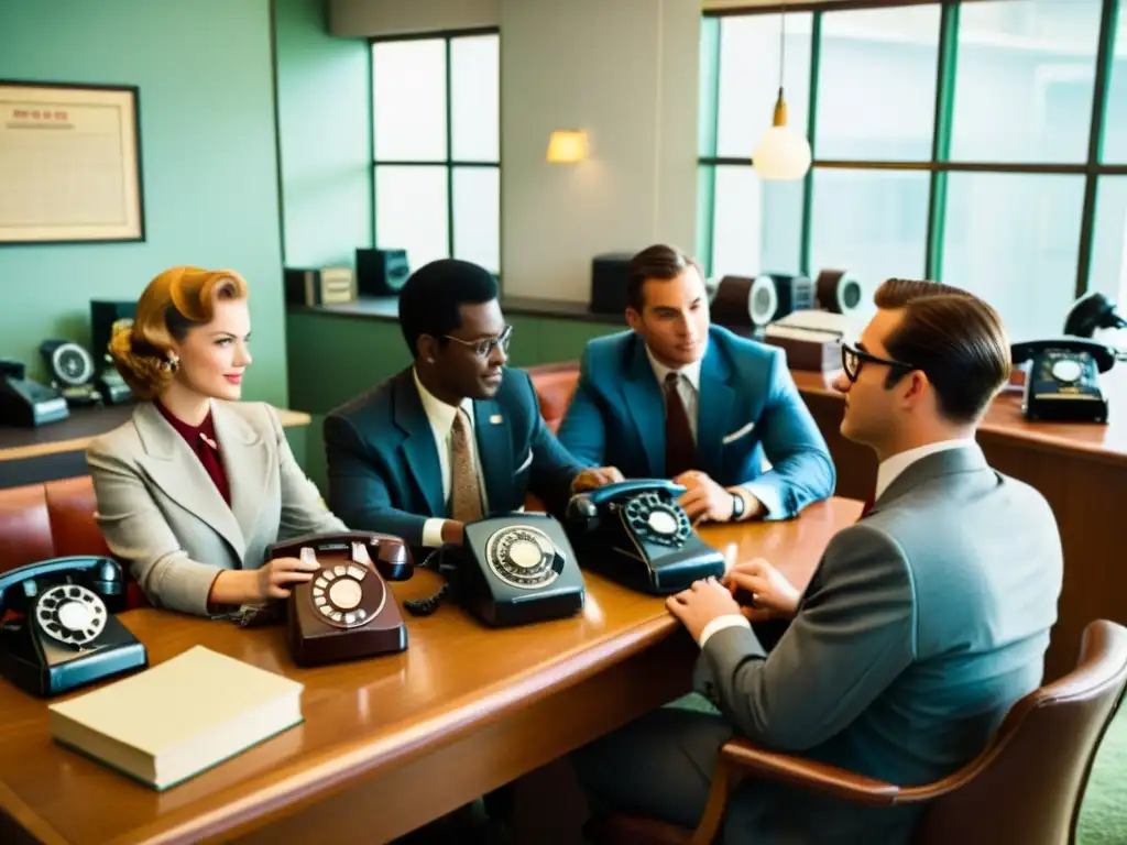 Emprendedores vintage: innovación en la era retro Grupo de jóvenes emprendedores discuten con entusiasmo en una oficina vintage