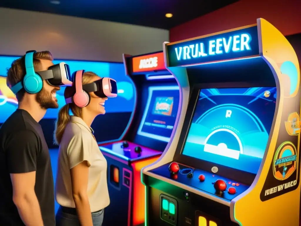 Grupo de jugadores emocionados disfrutando del desarrollo del primer videojuego en realidad virtual en una máquina arcade vintage con arte retro de ciencia ficción y auriculares de realidad virtual