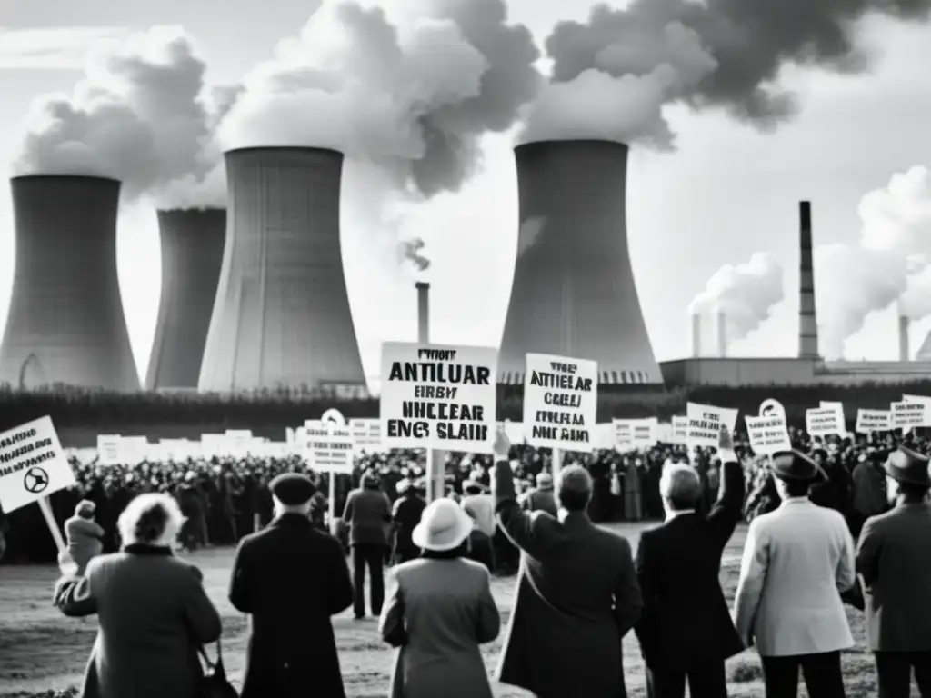 Un grupo de manifestantes frente a una planta nuclear con carteles antinucleares, reflejando controversias sobre la energía nuclear