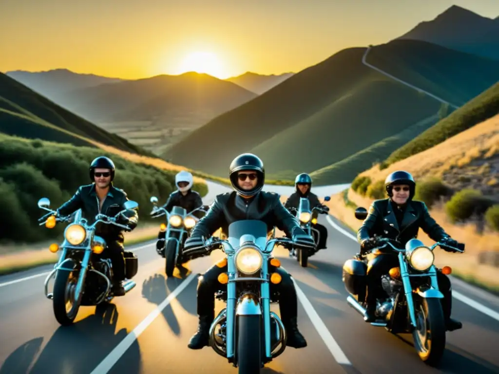 Grupo de motociclistas en carretera montañosa al atardecer, evocando la evolución de la motocicleta historia