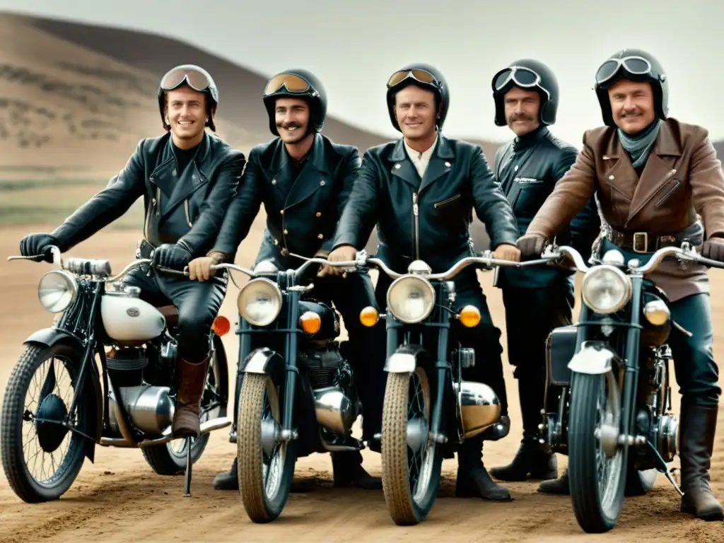 Grupo de motociclistas de la historia, evocando aventura y camaradería en una foto vintage en blanco y negro