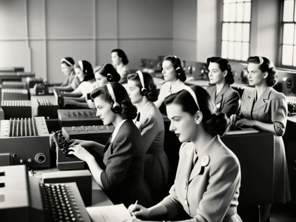 Grupo de mujeres trabajando en computadoras durante la Segunda Guerra Mundial, destacando su crucial papel en el desarrollo tecnológico de la época