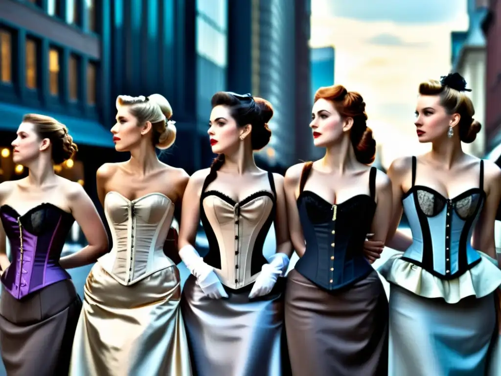 Grupo de mujeres en corsets y faldas largas, contrastando con la moda actual en la ciudad