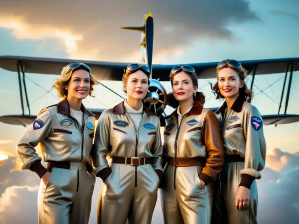 Un grupo de mujeres pioneras en la aviación posan con orgullo frente a un biplano vintage, listas para despegar en su histórico vuelo