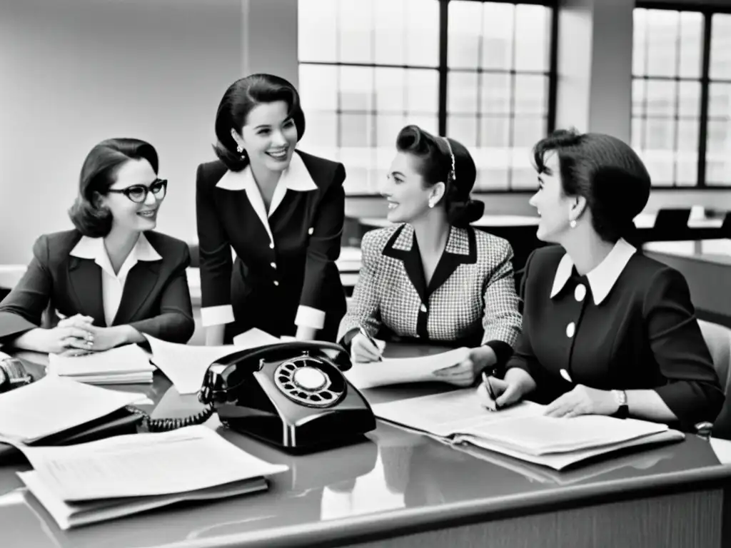 Grupo de mujeres profesionales en los 60, discutiendo en una oficina