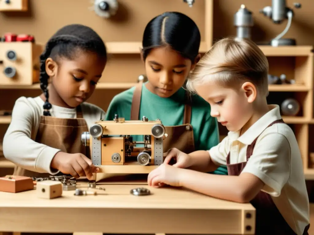 Un grupo de niños colaborando en la creación de robots en un taller de madera