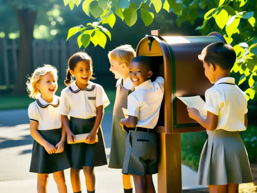 Un grupo de niños emocionados recoge cartas y materiales educativos de un buzón de madera bajo la luz del sol filtrada entre los árboles