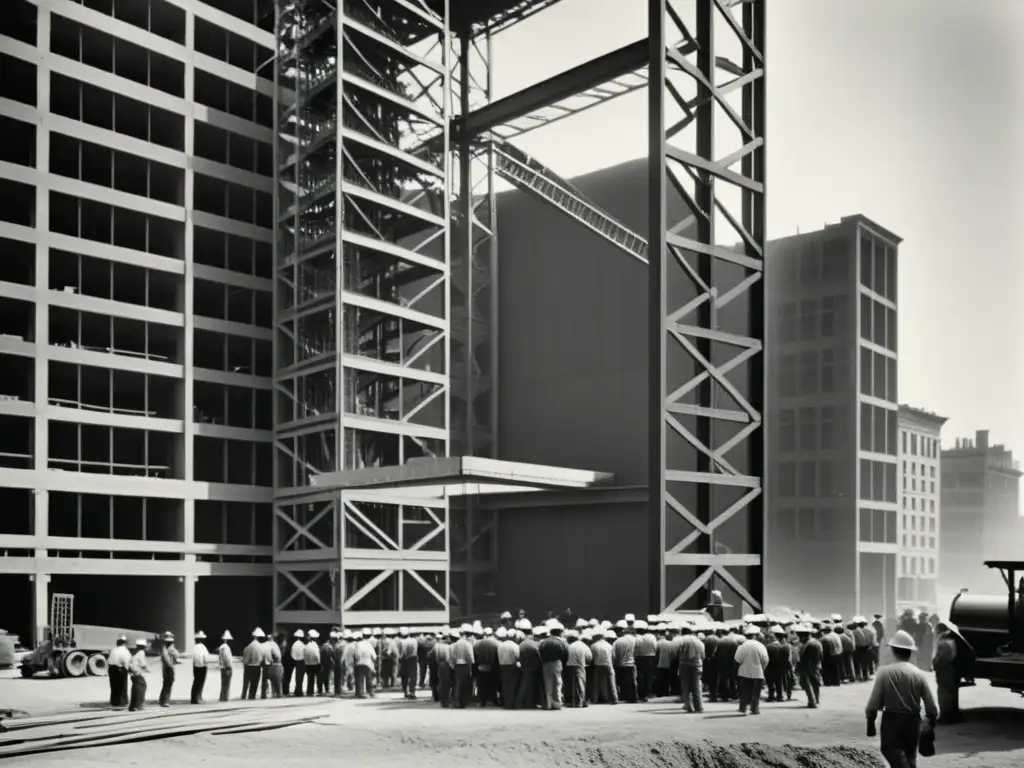 Grupo de obreros construyendo un rascacielos en blanco y negro, resaltando el impacto del ascensor en arquitectura