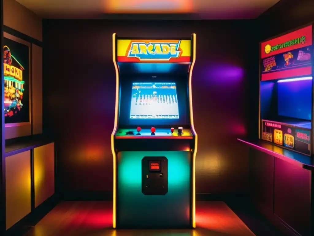 Un grupo de personas diversas concentradas en un juego de arcade vintage en una habitación tenue, capturando la influencia de los videojuegos en la sociedad