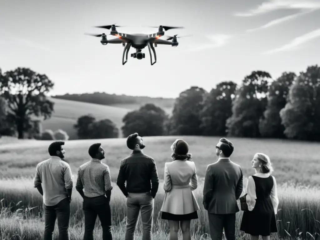 Un grupo de personas mirando un dron en un campo, expresando asombro y curiosidad