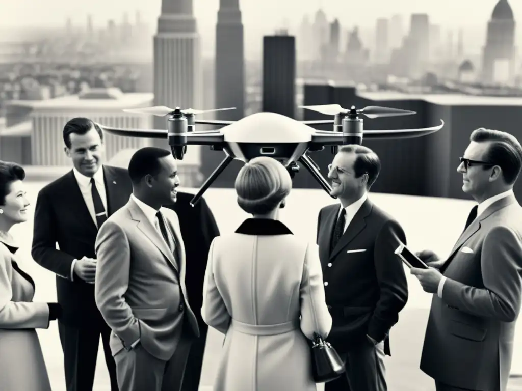 Grupo de personas admira un dron revolucionario en una foto vintage en blanco y negro