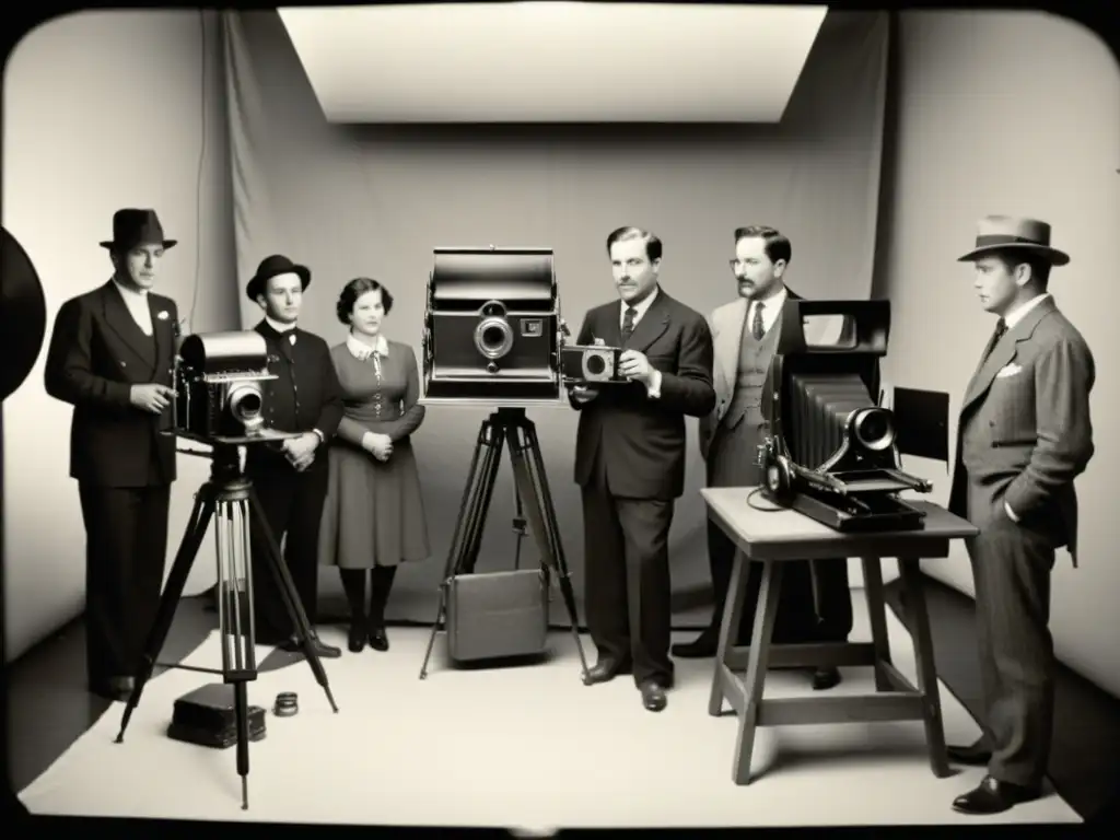 Grupo de personas en un estudio fotográfico antiguo, reflejando la importancia de la fotografía en la historia