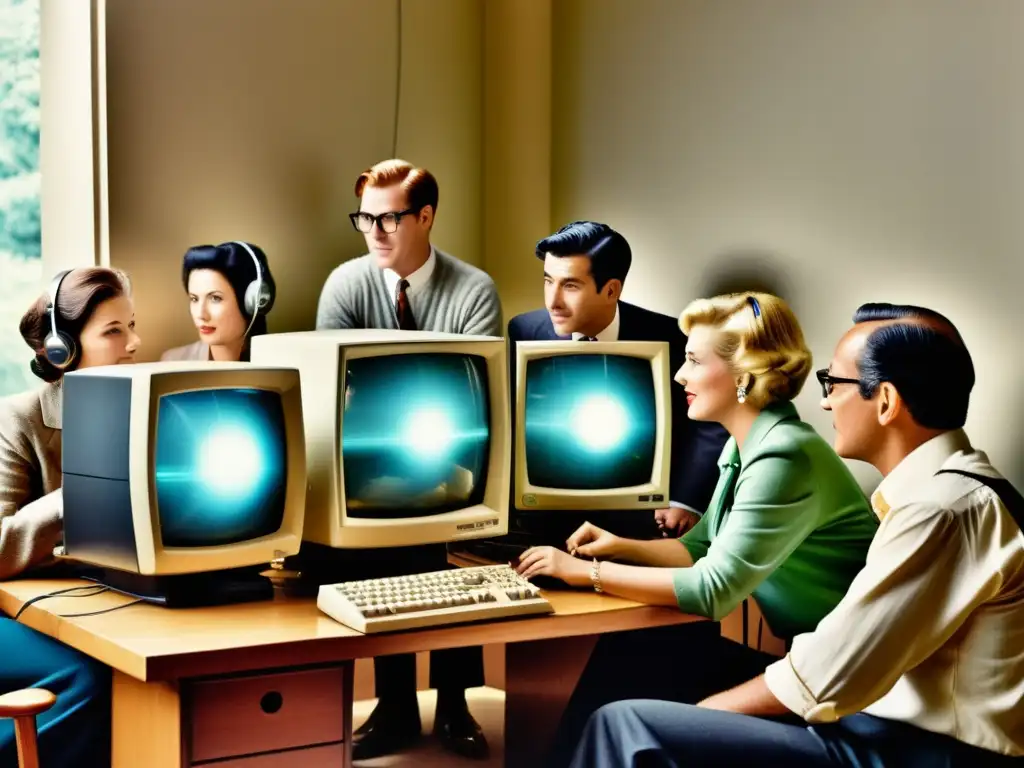 Grupo de personas explorando la transformación global de la historia de internet en una imagen vintage, con emoción y curiosidad