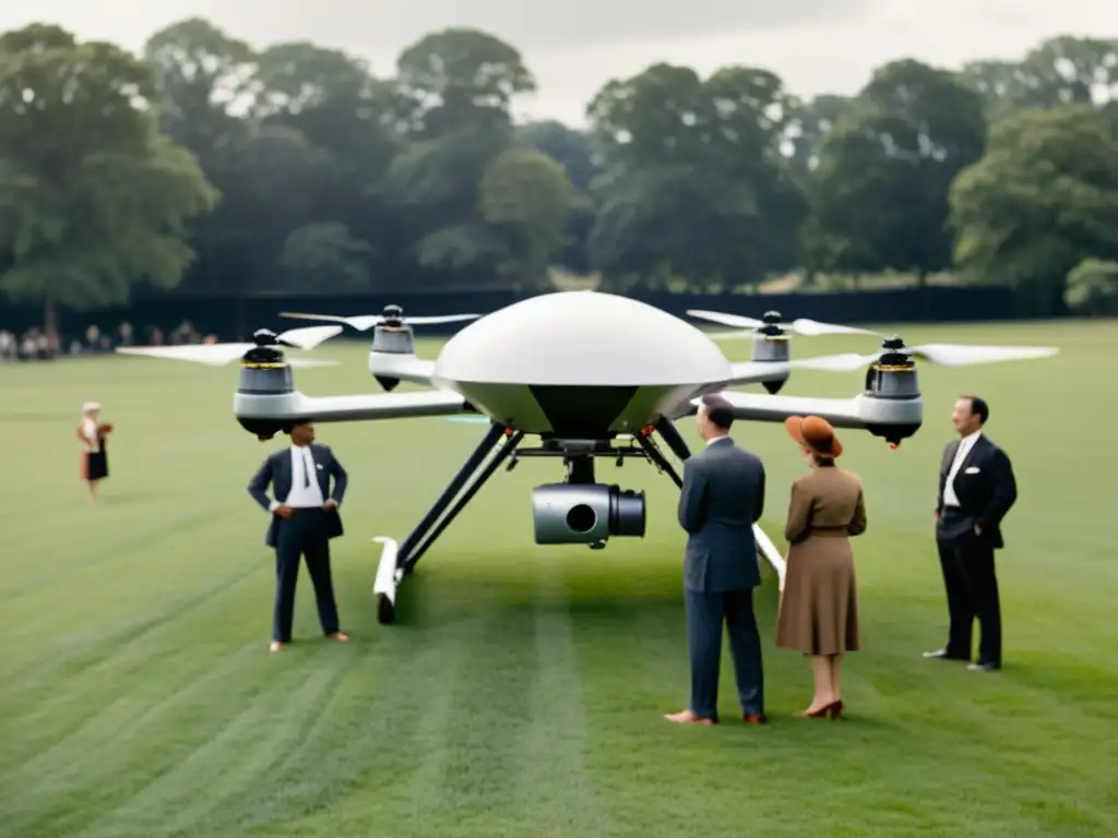 Grupo de personas en los inicios de la revolución drones, observando un dron retro futurista despegar en un campo