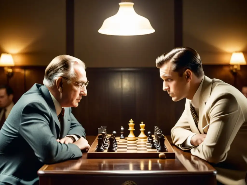 Un grupo de personas se concentra en un juego de ajedrez en un ambiente vintage, evocando la relación entre ajedrez, computación e IA