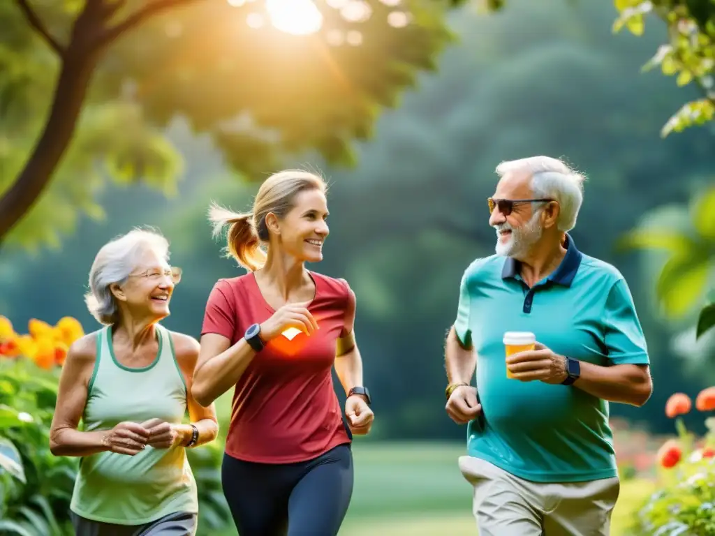 Un grupo de personas mayores disfruta de actividades al aire libre con relojes inteligentes y dispositivos de seguimiento de la salud