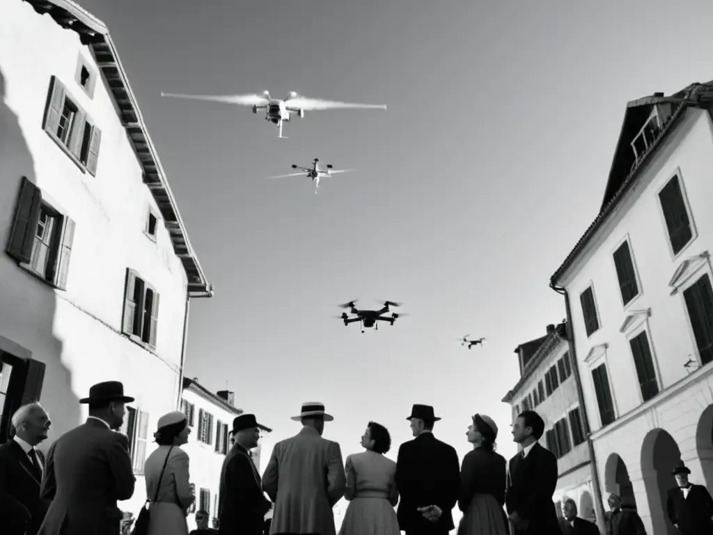 Misterio de drones: asombro y preocupación en la plaza del pueblo Un grupo de personas en una plaza mirando al cielo con asombro y preocupación, mientras drones proyectan sombras sobre las calles empedradas